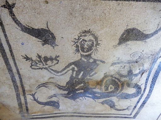Men's Baths: black-and-white mosaic depicting a Triton (sea god) among dolphins, an octopus, squid and a cherub with a whip.