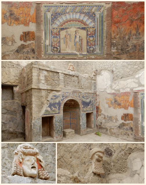 The House of Neptune & Amphitrite. The glass paste wall mosaic depicting Neptune and Amphitrite, adorns the east wall of the triclinium, while the north side is occupied by a nymphaeum, also covered with a glass paste mosaic and topped with marble theatrical masks.