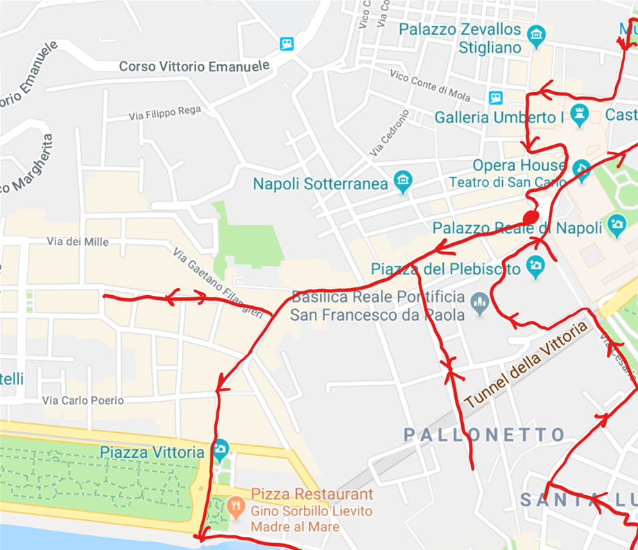 Walk no1:  Starting from Gran Caffè Gambrinus at the begining of Via Chiaia and finishing at the same place after having walked all the southern part of the city.