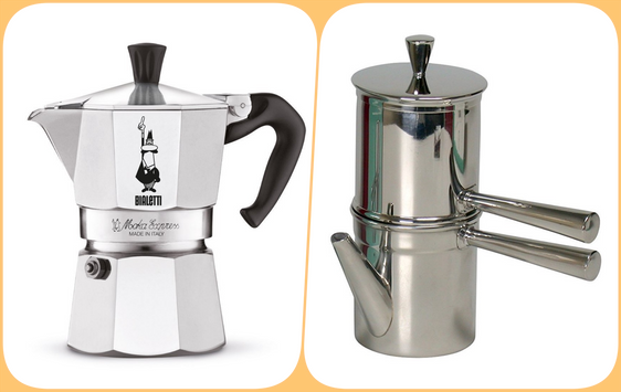 Bialetti Moka Express (left) versus cuccumella Neapolitan flip pot (right).