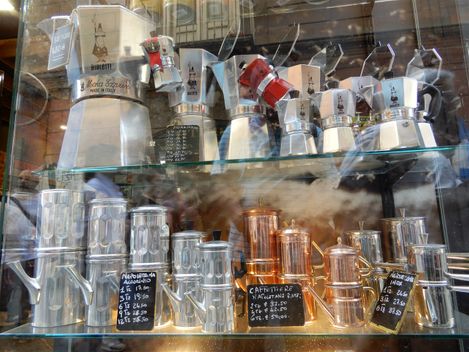 Coffee pots at a shop window. Moka express (top), Napoletane (bottom).