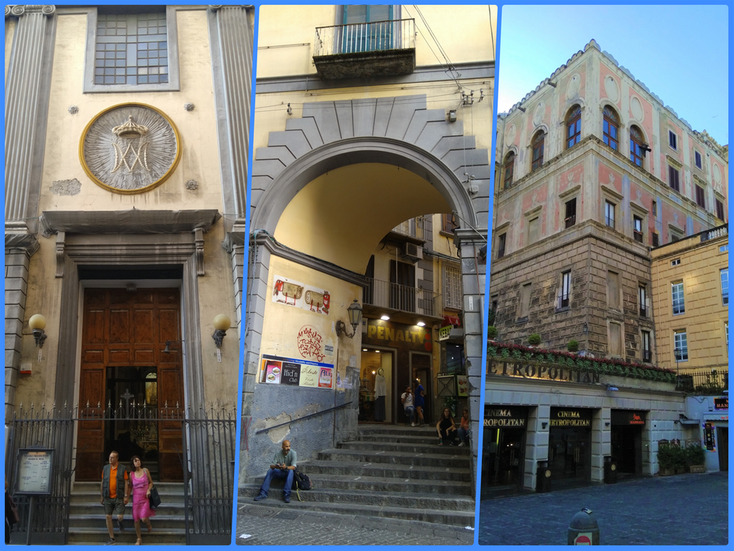 (From left to right) Parrocchia Santa Maria Della Mercede, stairs leading from Via Chiaia to Pallometto and Pallazo Cellamare