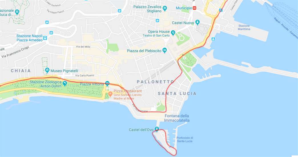 There were many changes to the city in the period 1885-1915. The area beneath Monte Echia is all on land-fill.  Via Partenope did not exit and the original seaside roads were via Chiatamone and via Santa Lucia on the west and east, respectively. Via Chiaia bounded Mt. Echia on the north. Actually what is under the drawn red pensil line used to be sea or marshes.