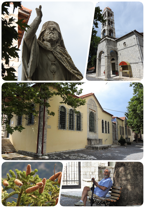 The statue of Patriarch Gregory V of Constantinople and Agia Kyriaki (top).  The Dimitsana Library is located oposite the church of Agia Kyriaki (middle).  Take a rest at the shadow of the big plane tree outside the Library (bottom).