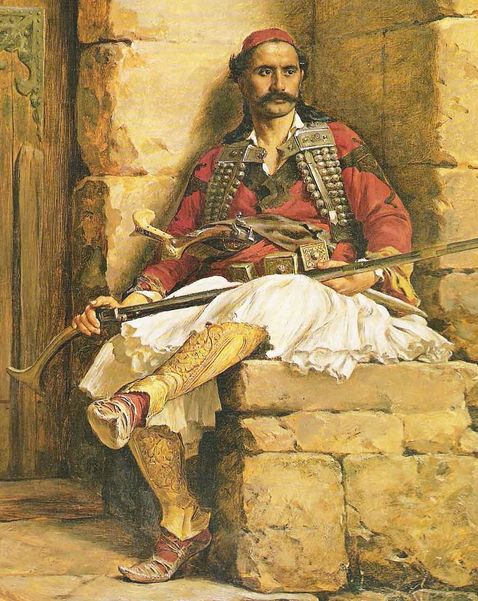 A painting of a Kleftis.  After the revolution, the successful klaftes' contribution to it gave the occasion to change the meaning of the word kleftis (=thief). A romantic perception of the kleftes spread rapidly, linking them to the nationalist ideology through historians like Konstantinos Paparrigopoulos and Spyridon Trikoupis.  In addition, many former kleftes have ascended to the upper ranks of the military, political and economic hierarchy of Greek society in the 19th century. Several of them in their memoirs embraced as patriotic their pre-revolutionary outlaw actions of the kleftes.