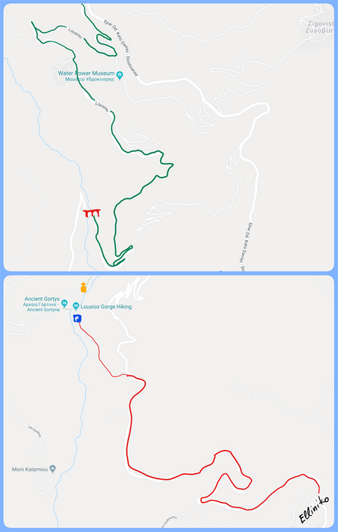 Access of Lousios River, from Dimitsana (top) and from Elliniko (bottom).
