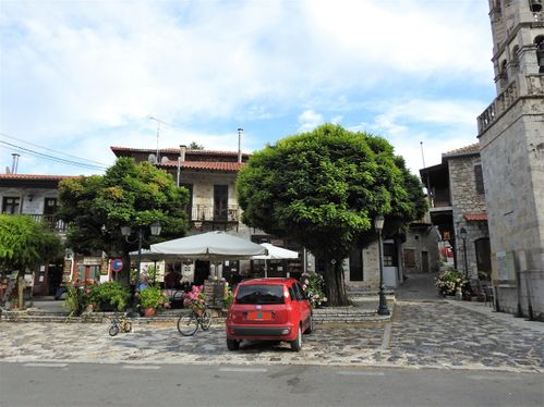 The central square in Stemnitsa. My 'red panda' is the great car that takes us to all these beautiful places.