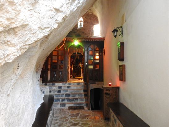 The katholikon entrance of the Aimialon Monastery.