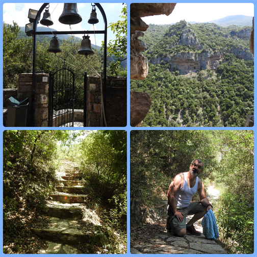 Open the metal gate with the bells hanging over it and take the path leading to the Old Philosophou Monastery.