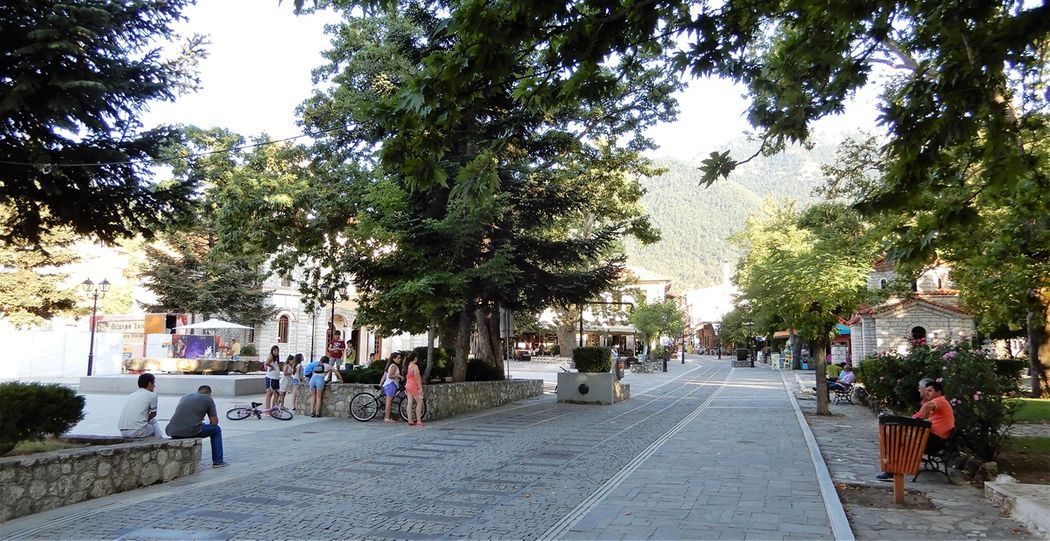 The central square in Kalavryta and its main commercial street, which crosses it from north to south.