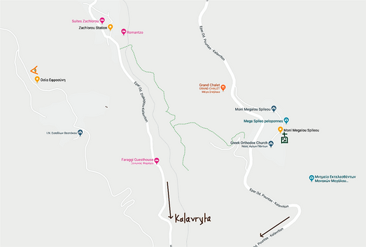 Around Zachlorou train station and the Mega Spileo Monastery.  The best view of the monastery and down to the gorge is from the little churge of Osia Efrosyni (top left part of the map).