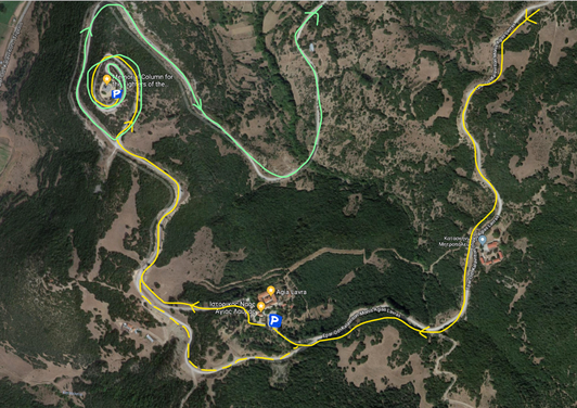 From Kalavryta to Agia Lavra and the Monument of the 1821 fighters (yellow line) and back to the town (light green line).