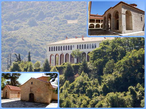 The Agia Lavra Monastery seen from afar.  The katholikon of the new Monastery (top right) and that of the old Monastery (bottom left).
