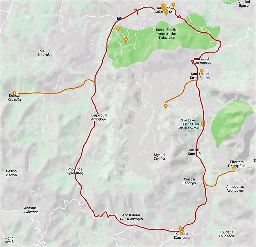 The 2nd day itinerary. Red line shows the main track.  Orange lines show the three detours.