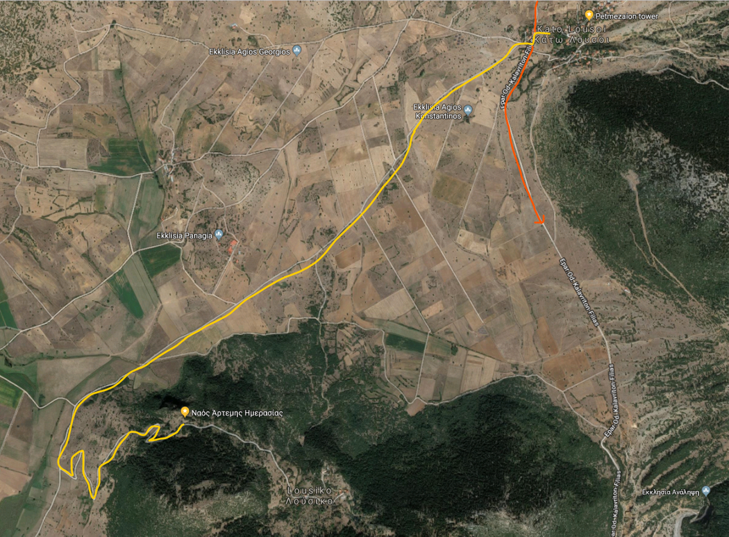 The detour (yellow line) to Ancient Lousoi.
