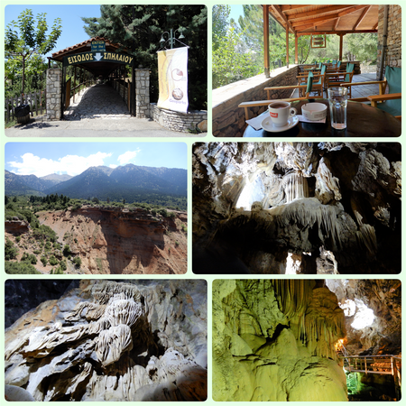 The entrance to the Caves (top left).  The cafe and ticket office (top right). The landscape on the way to the caves (middle left).  The rest three pictures show the interior of the caves.