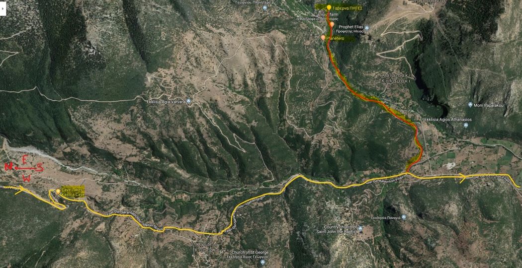 From the Caves to Planitero. Red line shows the 2.5km detour from the main road.