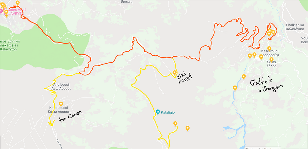 From Kalavryta to Golfo's villages (red line).  The yellow line shows the detour to the ski resort and the observatory.