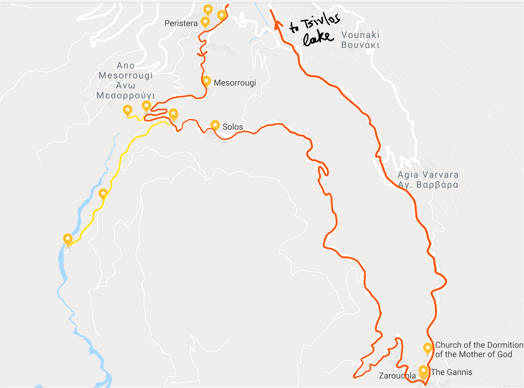 The route through Golfo's villages (red line).  Yellow lines show the detours.