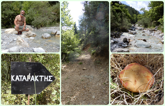 The waters of Krathis river.  At the sign (bottom left), take the trail (middle) that leads down to the river (top).