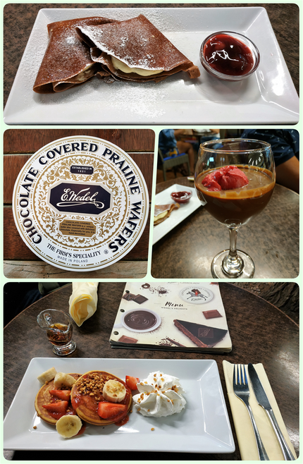 My favorite: chocolate crepes filled with sweet ricotta cheese and wine-cherry topping (top). One of the most famous products is the 