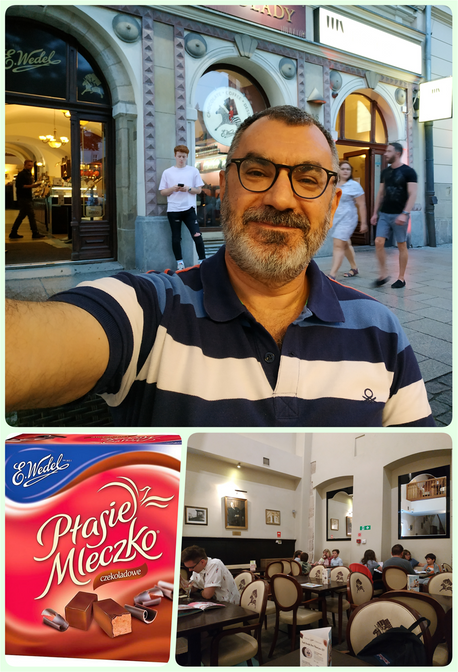 Standing outside Wedel Lounge (top). Ptasie Mleczko - chocolate covered marshmallow (bottom left).  The big room inside Wedel lounge (bottom right).