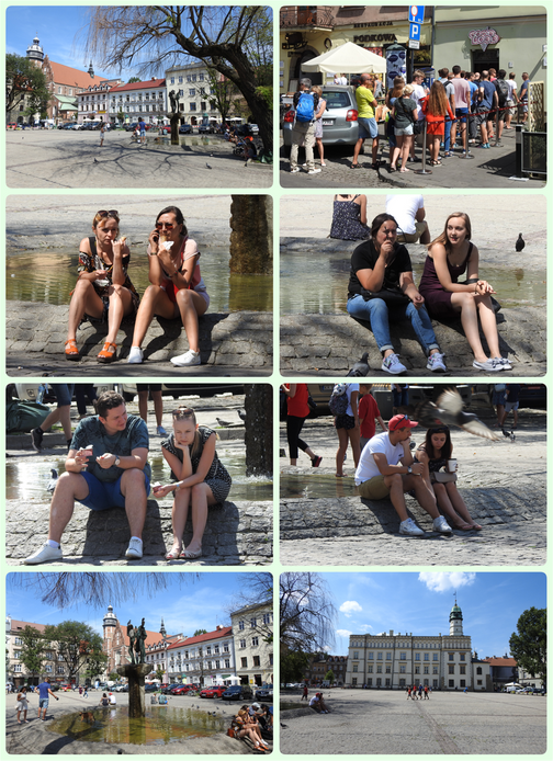 The Wolnica Square.  People queue outside GoodLood ice-cream shop and then enjoy it outside under the sun.