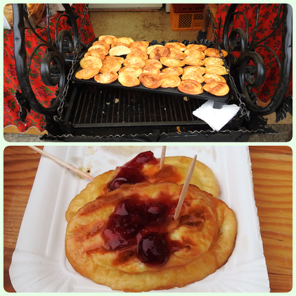Street vendor serving oscypek topped with cranberry preserve.
