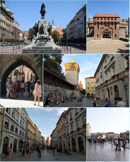 The Royal Road in pictures – Part 1.  From top to bottom and from left to right: Matejko Square and the Grunwald Monument (St. Florian's Church can be seen at the back), the Barbakan, the Floriańska Gate, the Floriańska Street and the Main Market Square.
