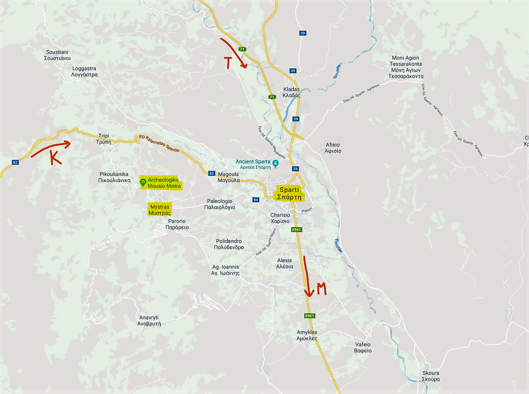Sparti and Mystras on the map. The red arrows show the incoming roads from the cities of Tripoli (T) & Kalamata (K) and from Mani (M). - Courtesy of Google maps.
