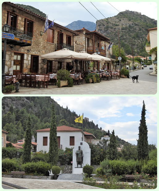 The Mystras village main square and the statue of Constantine Paleologos.  In both pictures the Byzantine town-castle is seen at the background.