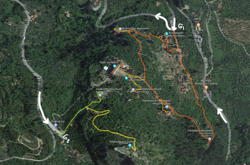 The fortified town of Mystras.  There are two gates: G1 (main gate) and G2.  Red circular line shows the walking tour of the middle city and its detours (orange lines).  Green and yellow lines show the walking paths to the upper city.