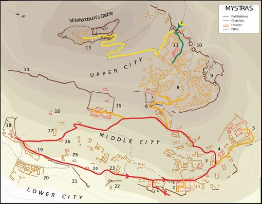 Plan of Mystras after works by G. Millet (1910) and M. Chatzidakis (1981). The recommended walking tours were added. Red circular line shows the walking tour of the middle city and its detours (orange lines). Green and yellow lines show the walking paths at the upper city.