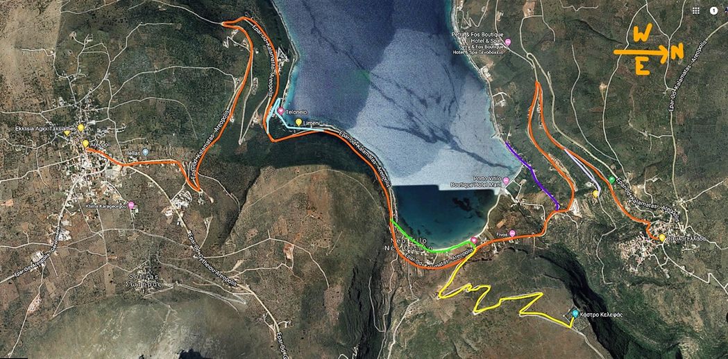 From Oitilo to Areopoli (orange line).  Various color lines show detours to places of interest.