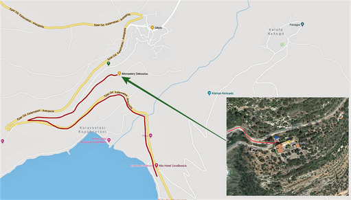 Follow the red line to reach the Dekoulou Monastery from Neo Oitylo and Aeropoli.
