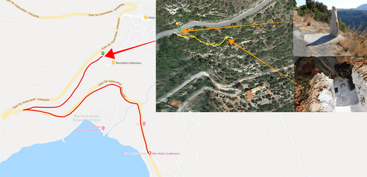 How to arrive to Panagitsa (red line) from Neo OItylo or Areopoli.  The red line shows the path one has to climb down to reach the little church.  The stone inscription and the little church are seen in the pictures.