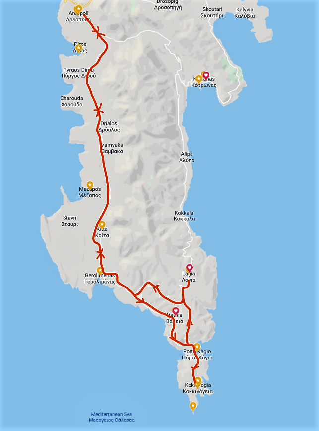 From Areopoli to Cape Tenaro and back (red line).  Courtesy of Google maps.