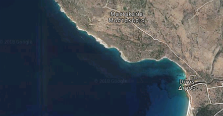 Diros Caves area. Red line shows the main road from Gerolymenas to Areopoli, while the yellow one shows the detour to the caves.  Courtesy of Google maps.