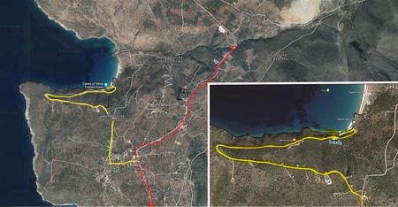 Diros Caves area. Red line shows the main road from Gerolymenas to Areopoli, while the yellow one shows the detour to the caves.  Courtesy of Google maps.