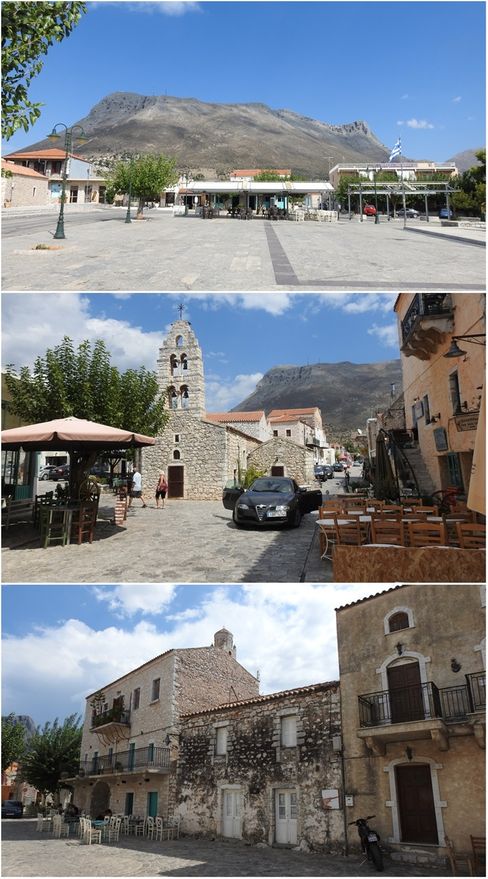 The three squares of central Areopoli. Athanaton Square (top), Kapetan Matapa Square (middle) and 17th of March 1821 Square (bottom).