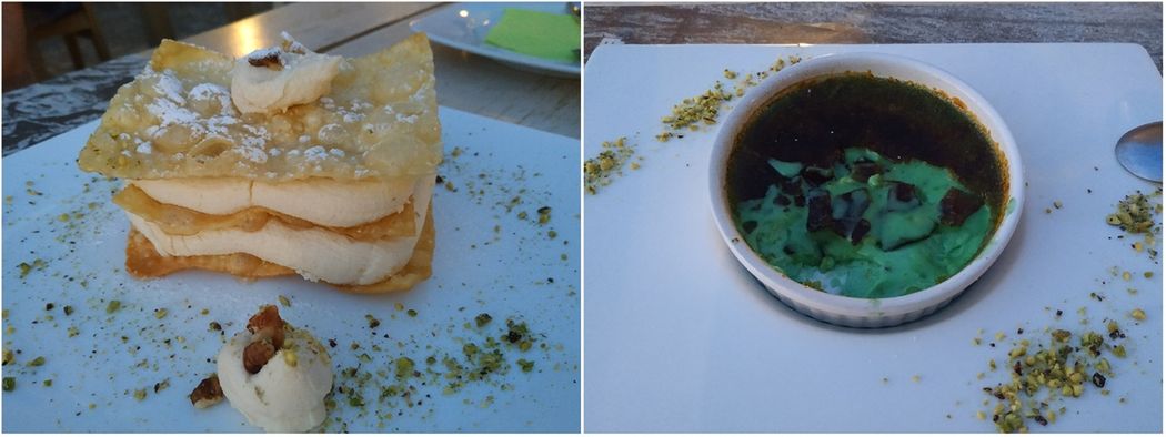Mille-feuille and  Crème brûlée with pistachios.
