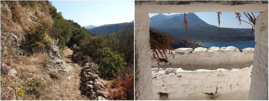 The path leading to the chapel of Raselianiko Monastery (left).  The view from the chapel door (right).