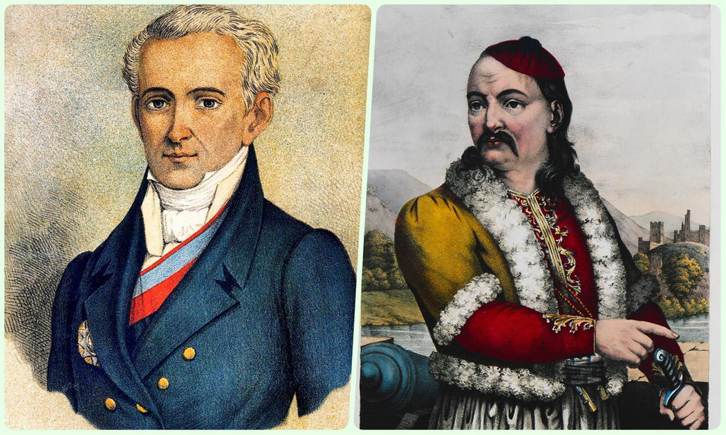 Ioannis Kapodistrias (left) and Petros Mavromichalis-Petrobey (right).