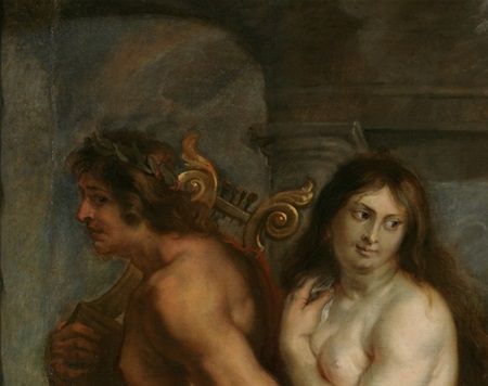 Orpheus and Eurydice by Rubens (1636-1638). Orpheus descends into the Underworld to recover his wife, Eurydice. Pluto and Proserpina, the god and goddess of the underworld, are so moved by the music of his lyre that they accede to his request. On the right of the picture are Pluto and Proserpina and below them is Cerberus.