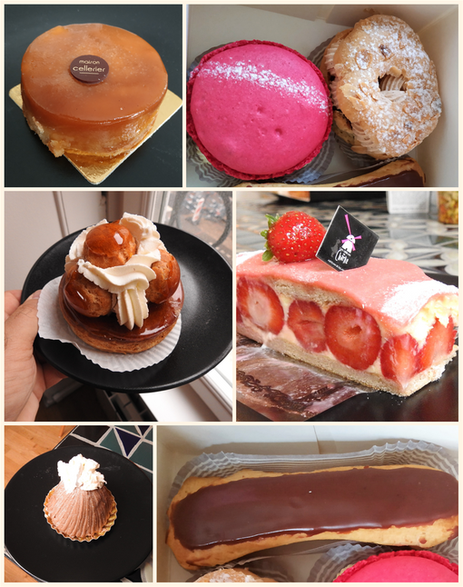 Tarte titin (top left), macarone & Paris-Brest (top right), Saint Honore (middle left), fraisier (middle right), mont blanc (bottom left) and eclair au chocolat (bottom right).