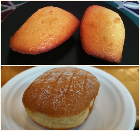 Madeleines (top) and beignet (bottom).