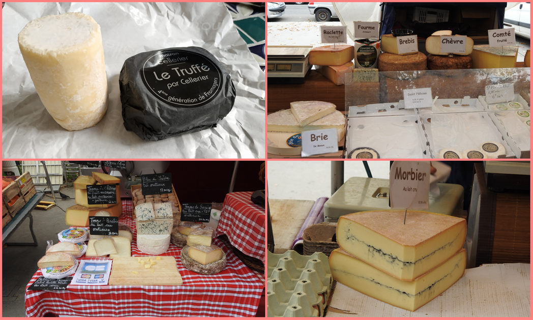 Cheese displayed at an open air market in Lyon.