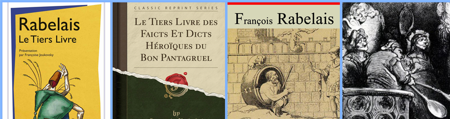 Several edition of the Third book and Pantagruel (far right) as depicted in the pages of an early edition.