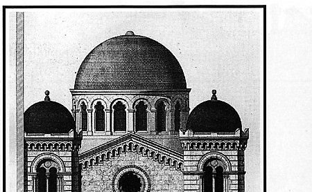 Plan of architect of the Grande synagogue : the facade on the courtyard (left), the facade on the street (right). Lithograph by Lebel after Abraham Hirsch.