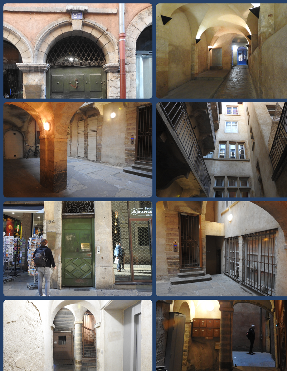 La Longue Traboule. One entrance is located at No 27 of Rue du Boeuf (top left picture) and the other at No 54 of Saint-Jean (3rd row left picture).